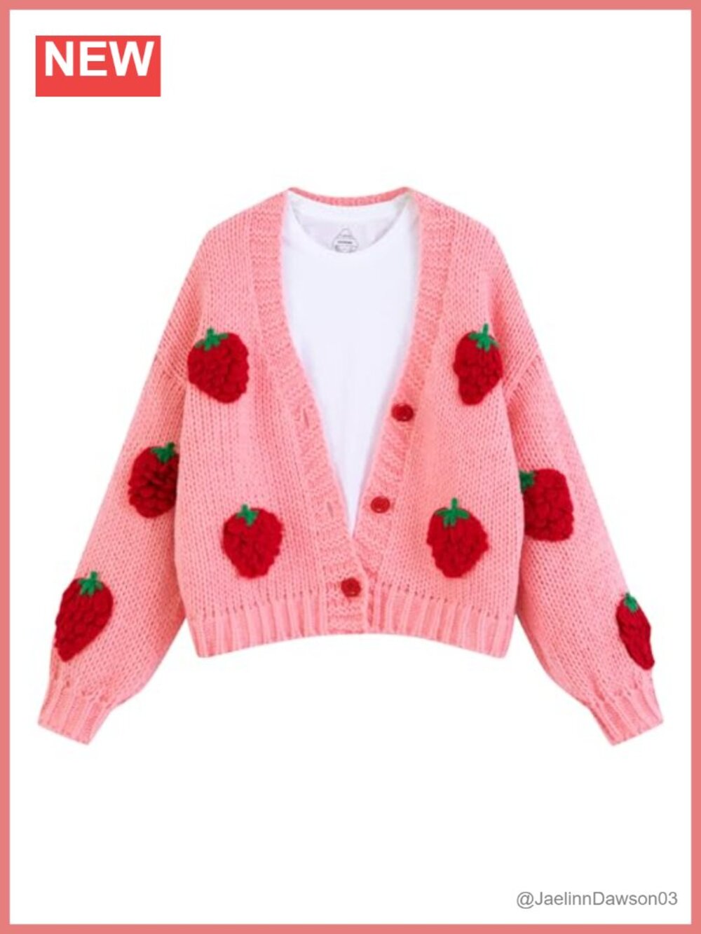 FindThy Women's Kawaii Strawberry Embroidered Button Down Knitted Cardigan